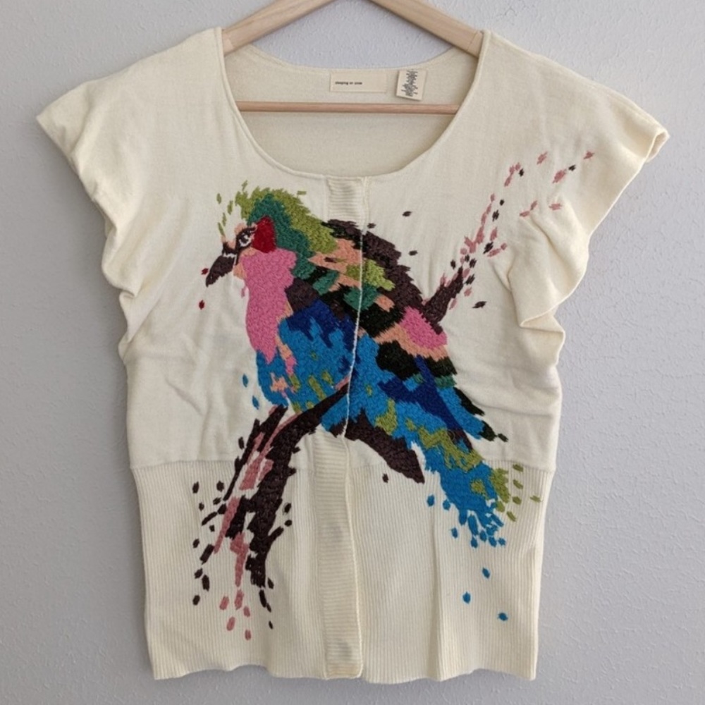 Anthropologie, Sleeping On Snow: Embroidery Short Sleeve Pionus Bird Cardigan—S